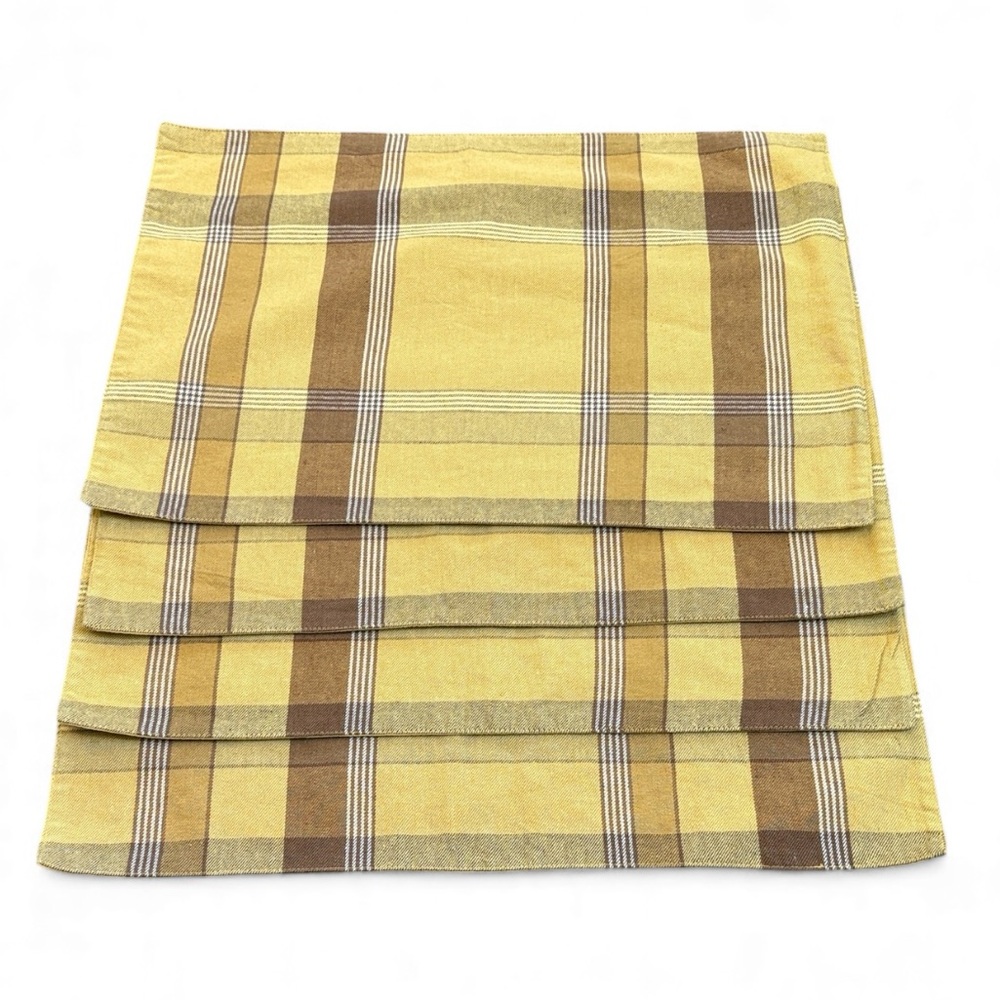 Pottery Barn Plaid Placemats 20" x 14" Set of 4 Mustard Yellow Linen/Cotton